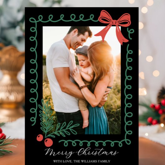 Hand Drawn Black Red Green Merry Christmas シーズンカード