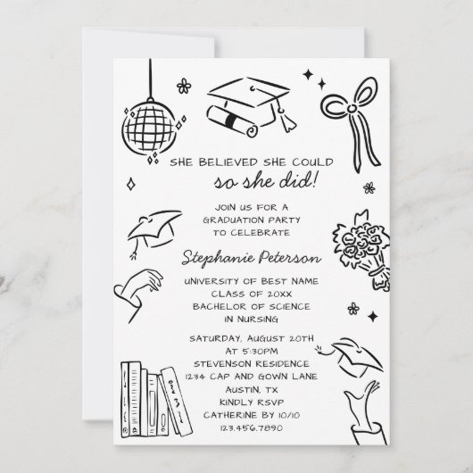 Hand Drawn Black & White Doodle Photo Graduation 招待状 (正面)