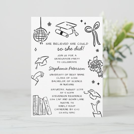 Hand Drawn Black & White Doodle Photo Graduation 招待状 (スタンド正面)