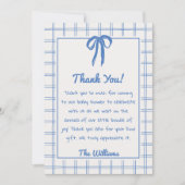 Hand Drawn Blue Bow Gingham Bow Baby Shower サンキューカード (正面)