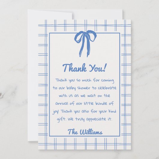 Hand Drawn Blue Bow Gingham Bow Baby Shower   サンキューカード (正面)