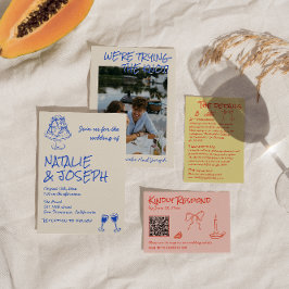 Hand Drawn Blue Cake Bows Funky Unique Wedding  招待状