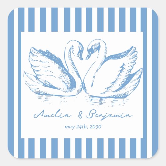 hand drawn Blue Couple Swan Whimsical Wedding スクエアシール (正面)