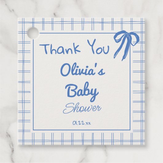 Hand Drawn Blue Gingham Bow Baby Boy Shower フェイバータグ (正面)