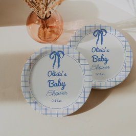 Hand Drawn Blue Gingham Bow Baby Shower ペーパープレート