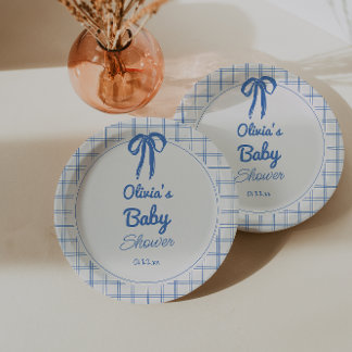 Hand Drawn Blue Gingham Bow Baby Shower ペーパープレート