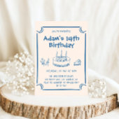 Hand-Drawn Blue Line Art Kids Birthday Party 招待状