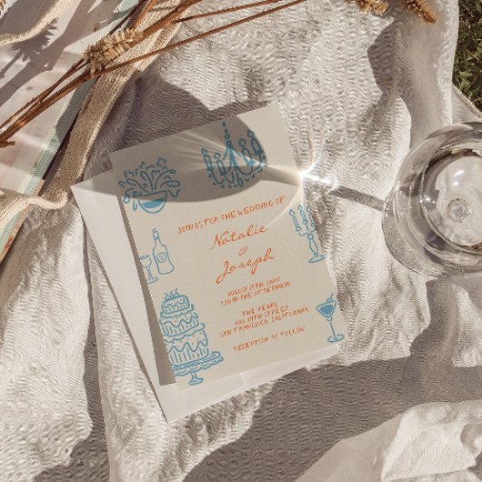 Hand Drawn Blue Orange Photo QR Code Wedding 招待状