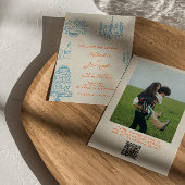 Hand Drawn Blue Orange Photo QR Code Wedding 招待状
