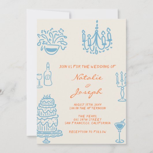 Hand Drawn Blue Orange Photo QR Code Wedding 招待状 (正面)