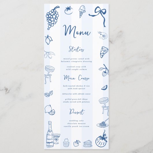 Hand Drawn Blue Stripes Italian Menu メニュー (正面)