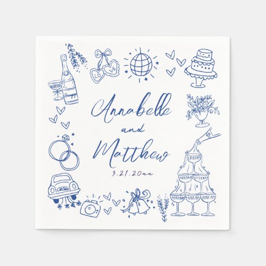 Hand Drawn Blue Whimsical Wedding スタンダードカクテルナプキン (正面)
