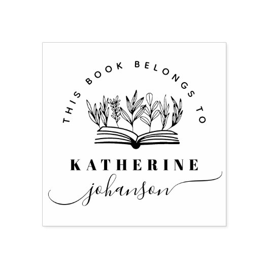 Hand-drawn Book Flowers Elegant Script Library ラバースタンプ (インプリント)