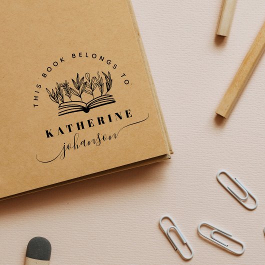 Hand-drawn Book Flowers Elegant Script Library ラバースタンプ