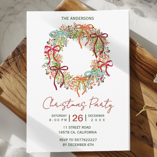 Hand Drawn bow christmas wreath new year 招待状