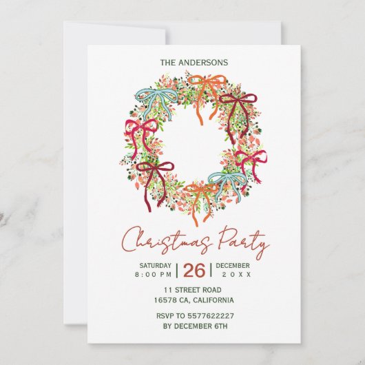 Hand Drawn bow christmas wreath new year 招待状 (正面)