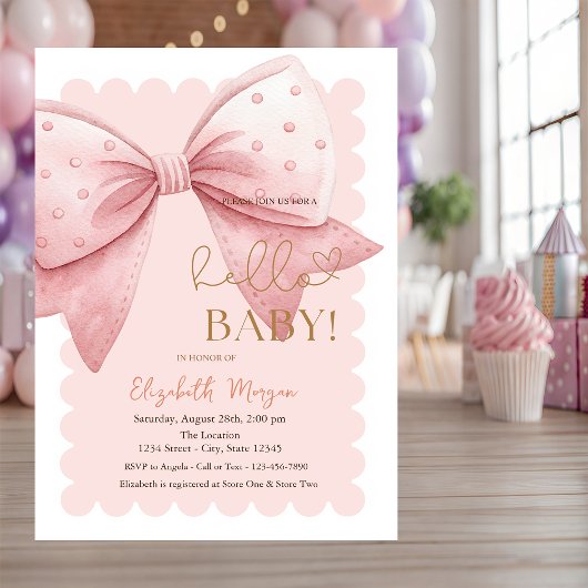  Hand Drawn Bow Dots Frame Pink Baby Shower 招待状