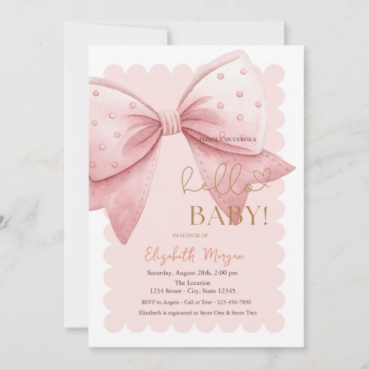 Hand Drawn Bow Dots Frame Pink Baby Shower 招待状 (正面)