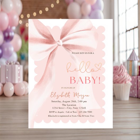  Hand Drawn Bow Elegant Frame Pink Baby Shower 招待状