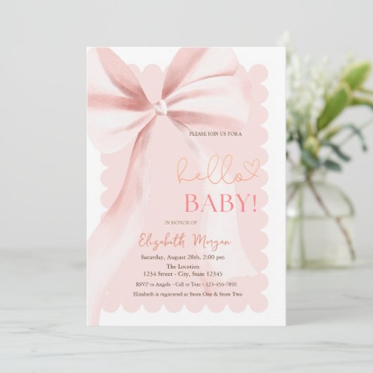  Hand Drawn Bow Elegant Frame Pink Baby Shower 招待状 (スタンド正面)