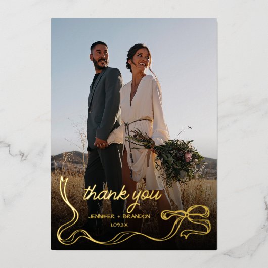 Hand drawn bow Gold Foil Thank you | Wedding Photo 箔シーズンカード (正面)