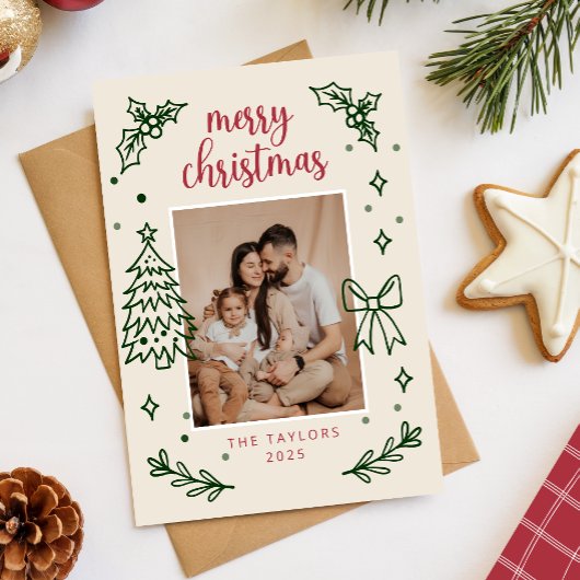 Hand Drawn Bow Minimalist Family Christmas Photo シーズンカード