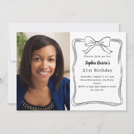 Hand-drawn bow photo birthday 招待状 (正面)