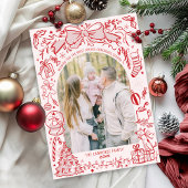 Hand Drawn Bow Pink and Red Arch Photo Christmas シーズンカード
