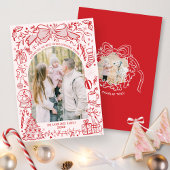 Hand Drawn Bow Pink and Red Arch Photo Christmas シーズンカード