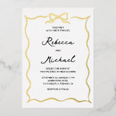 Hand Drawn Bow QR Code Photo Wedding Gold 箔招待状 (正面)