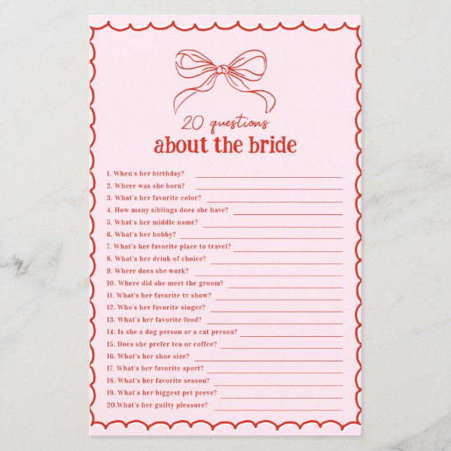 Hand Drawn Bow Red & Pink 20 Questions About Bride (正面)