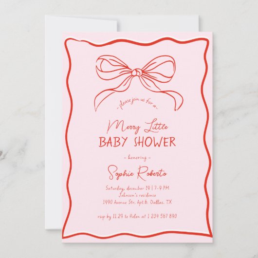 Hand Drawn Bow Red & Pink Merry Little Baby Shower 招待状 (正面)