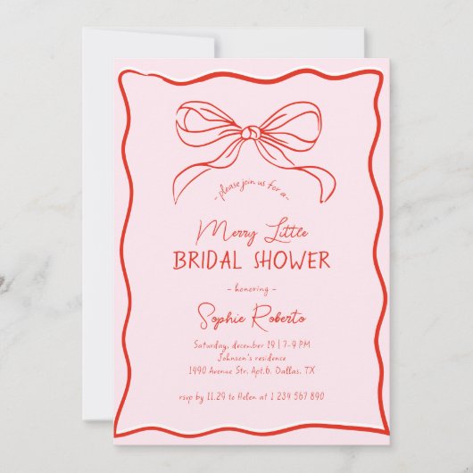 Hand Drawn Bow Red Pink Merry Little Bridal Shower 招待状 (正面)