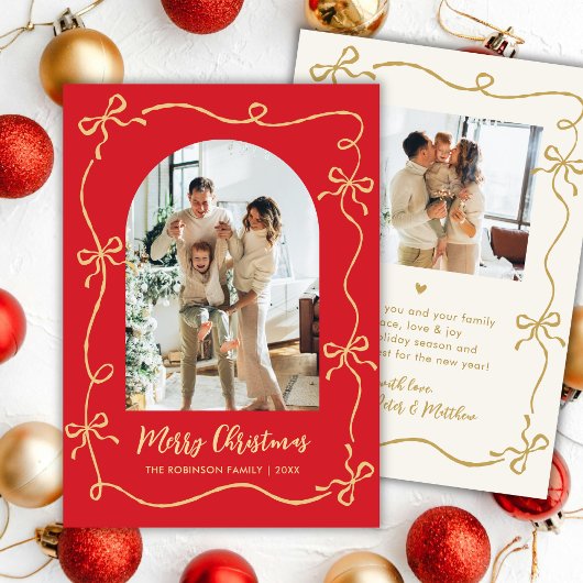 Hand Drawn Bows Arch 2 Photo Merry Christmas Red シーズンカード