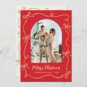 Hand Drawn Bows Arch 2 Photo Merry Christmas Red シーズンカード (正面/裏面)