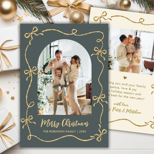 Hand Drawn Bows Arch Photo Merry Christmas Green  シーズンカード