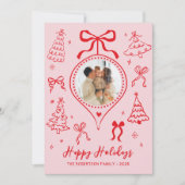 Hand Drawn Bows Photo Pink and Red Christmas Happy シーズンカード (正面)