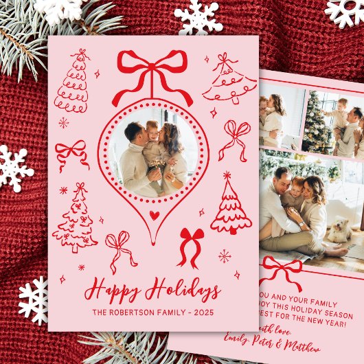 Hand Drawn Bows Photo Pink and Red Christmas Happy シーズンカード