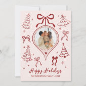 Hand-Drawn Bows Pink Red Photo Christmas Happy  シーズンカード (正面)