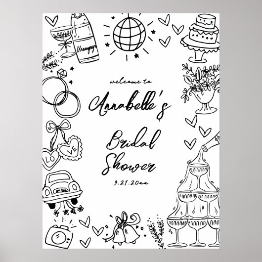 Hand Drawn Bridal Shower Welcome Sign ポスター (正面)