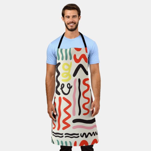 Hand drawn brush pattern, zigzags, lines and curve エプロン (着用した状態)