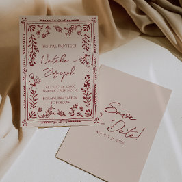 Hand Drawn Burgundy Deep Red Floral Garden Wedding セーブザデート