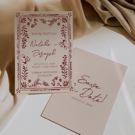 Hand Drawn Burgundy Deep Red Floral Garden Wedding セーブザデート