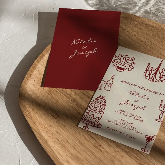 Hand Drawn Burgundy Romantic Whimsical Wedding 招待状