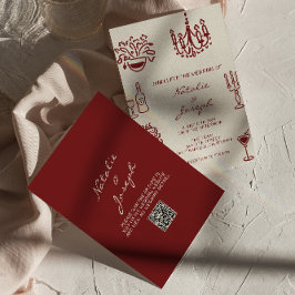 Hand Drawn Burgundy Whimsical QR Code Wedding 招待状