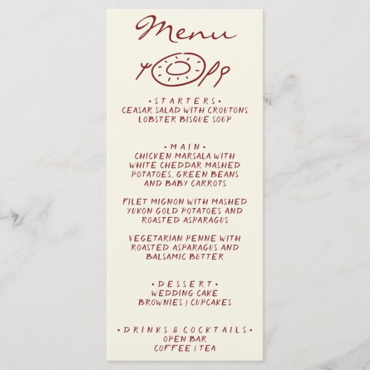 Hand Drawn Burgundy Whimsical Quirky Wedding メニュー (正面)