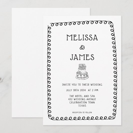 Hand Drawn Cake Doodle Whimsical Wedding 招待状 (正面/裏面)