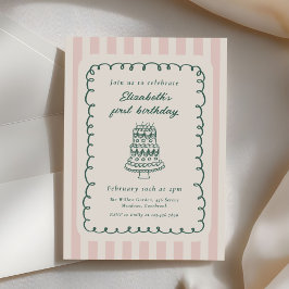 Hand Drawn Cake Quirky Unique 1st Birthday 招待状