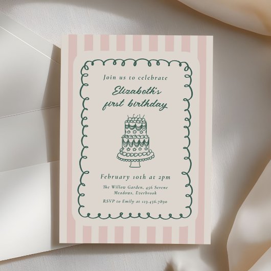 Hand Drawn Cake Quirky Unique 1st Birthday 招待状