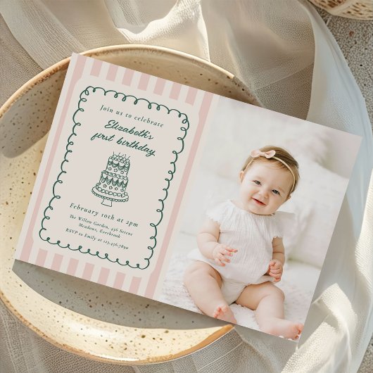 Hand Drawn Cake Quirky Unique 1st Birthday Photo 招待状